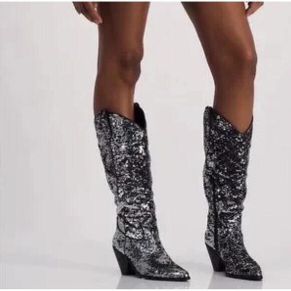 I.N.C. Tall  Silver Sparkling Sequin Pull Tabs Western Style  Boots Size 8 - Picture 1 of 10